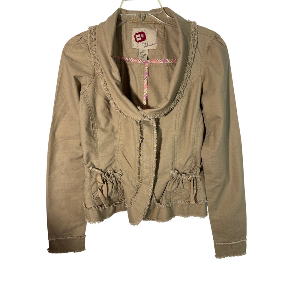 BKE Outerwear Tan Frayed Utility Jacket Womens Medium Boho Raw Hem Cotton Zip Up
